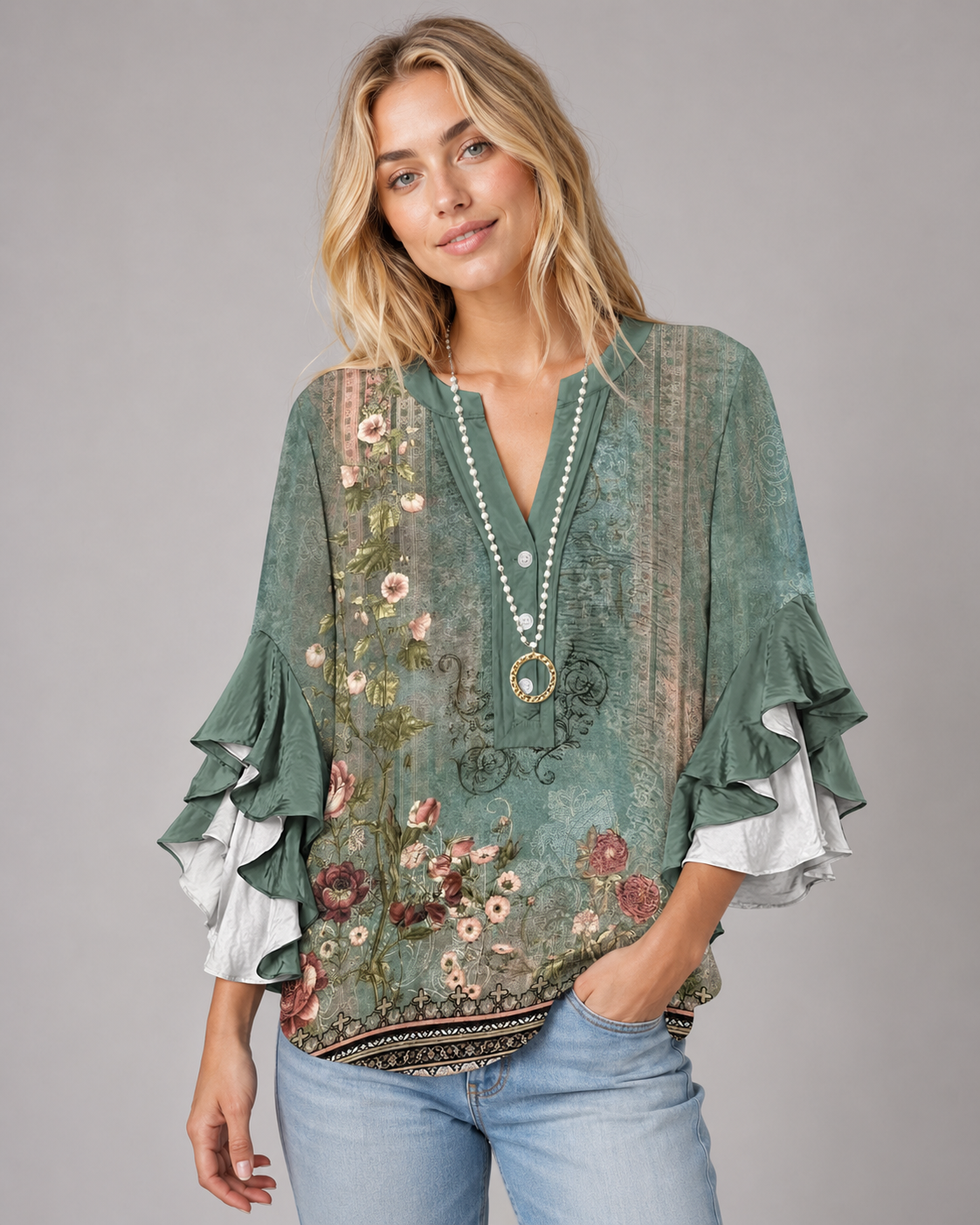 Blusar femme à motif floral et ourlets à volants