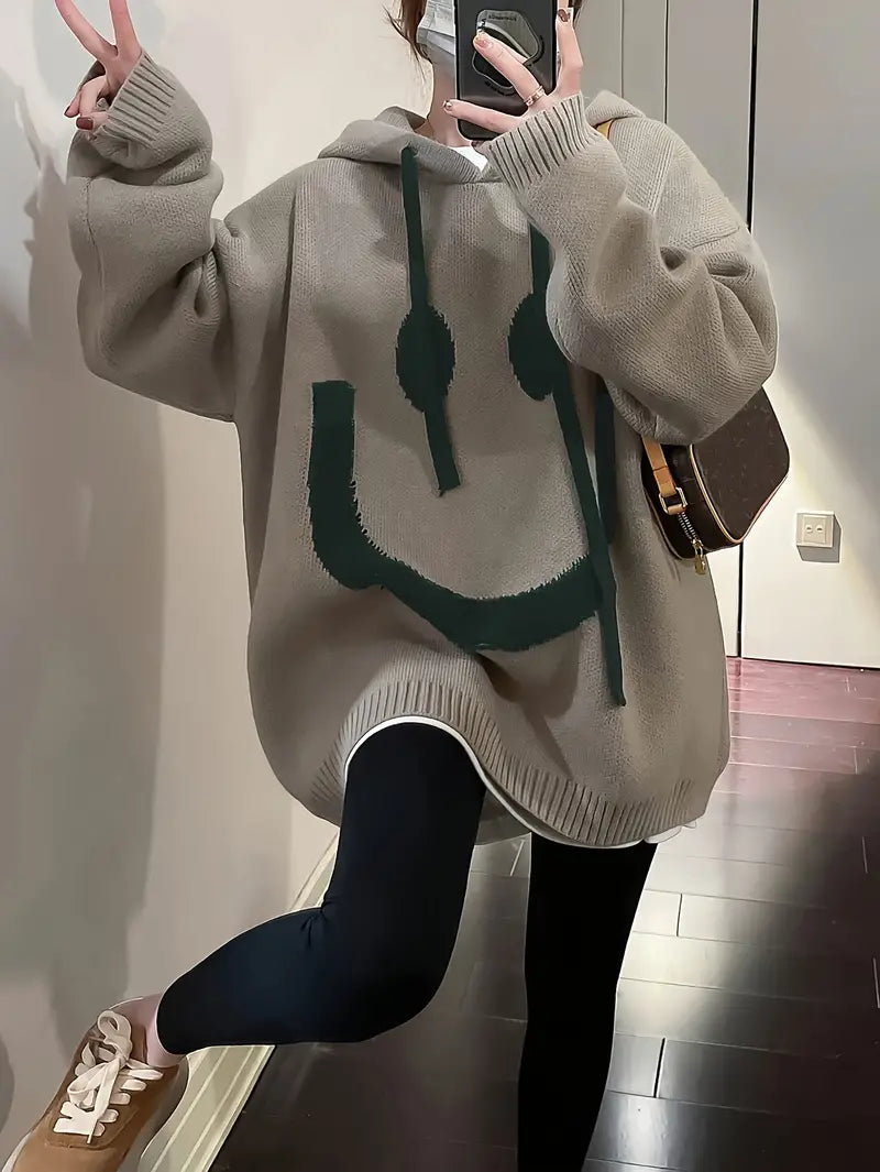 Sweat À Capuche Femme Design Sourire Coton Avec Cordon Réglable-2