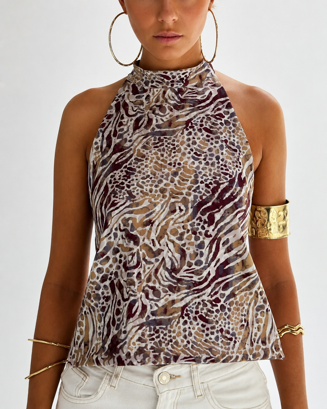 Débardeur Dos Nu Imprimé Femme Halter en Mélange Polyester Coton