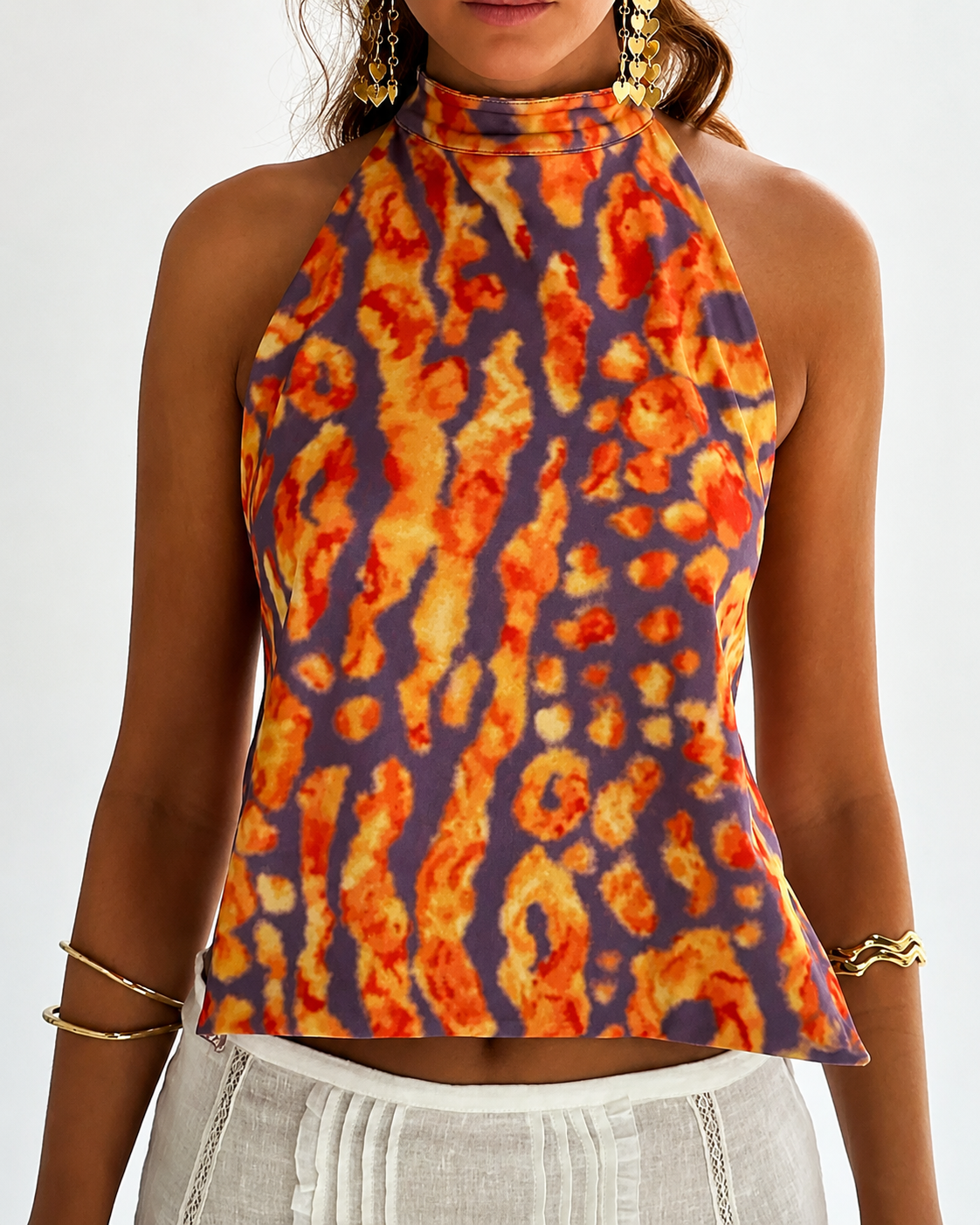 Débardeur Dos Nu Imprimé Femme Halter en Mélange Polyester Coton