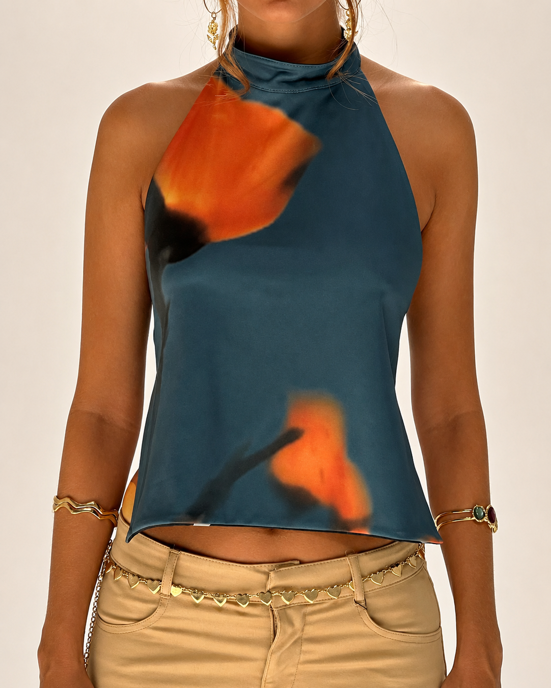 Débardeur Dos Nu Imprimé Femme Halter en Mélange Polyester Coton