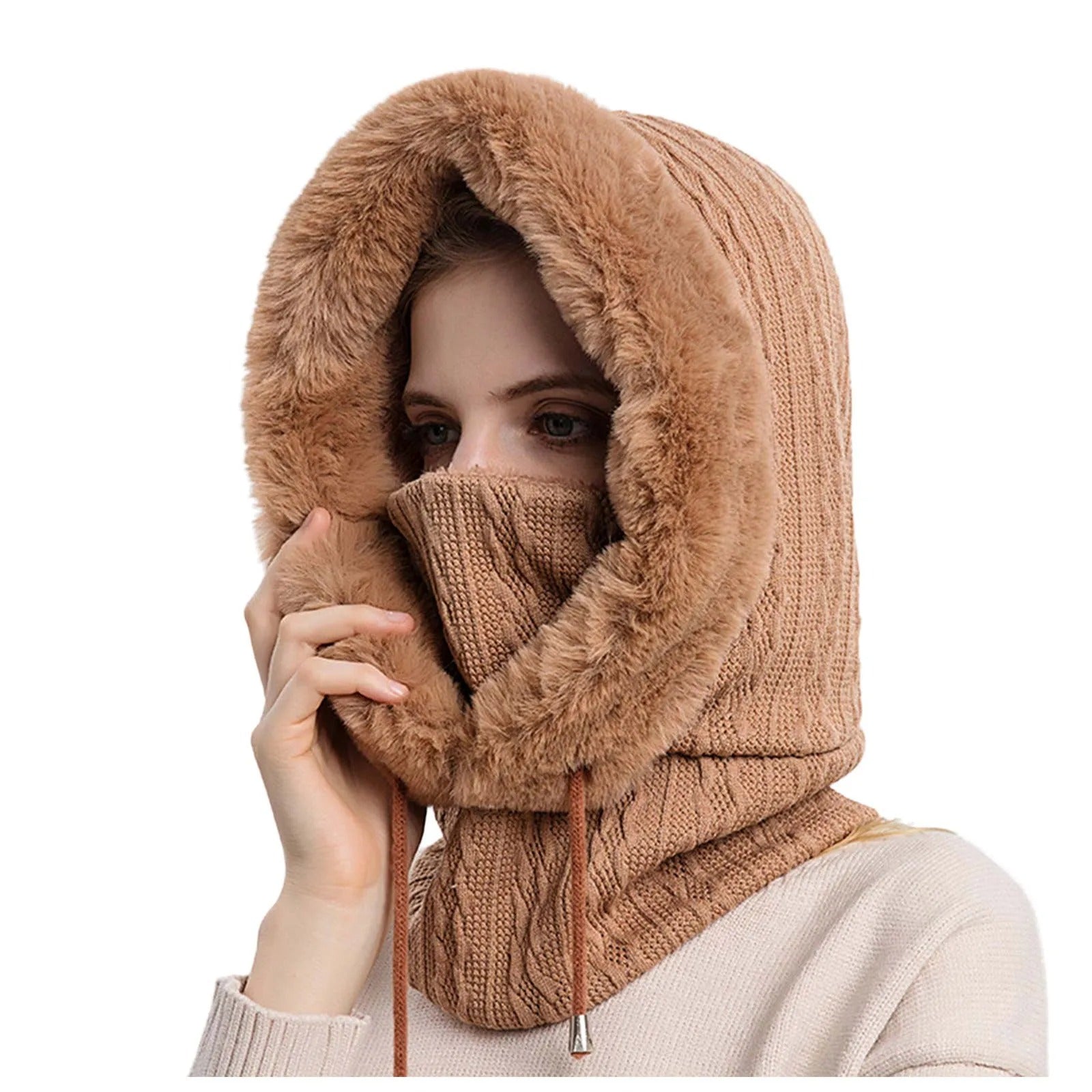 Set de masques pour femmes avec bonnet de fourrure tricoté