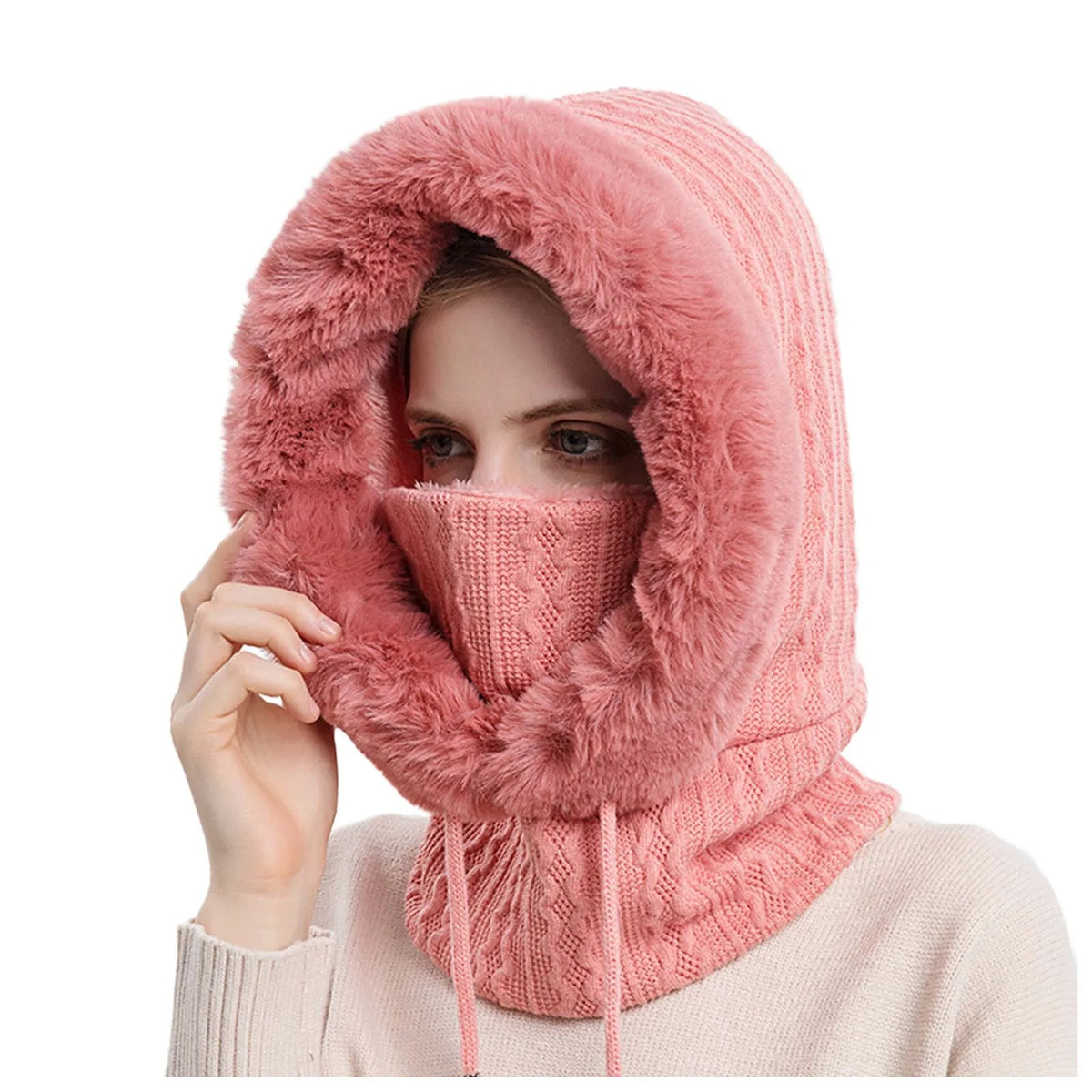 Set de masques pour femmes avec bonnet de fourrure tricoté
