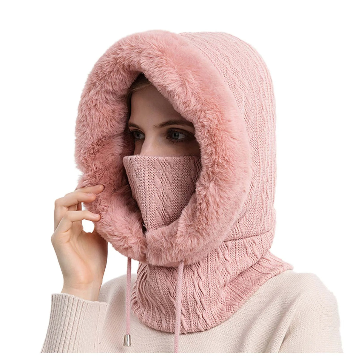 Set de masques pour femmes avec bonnet de fourrure tricoté