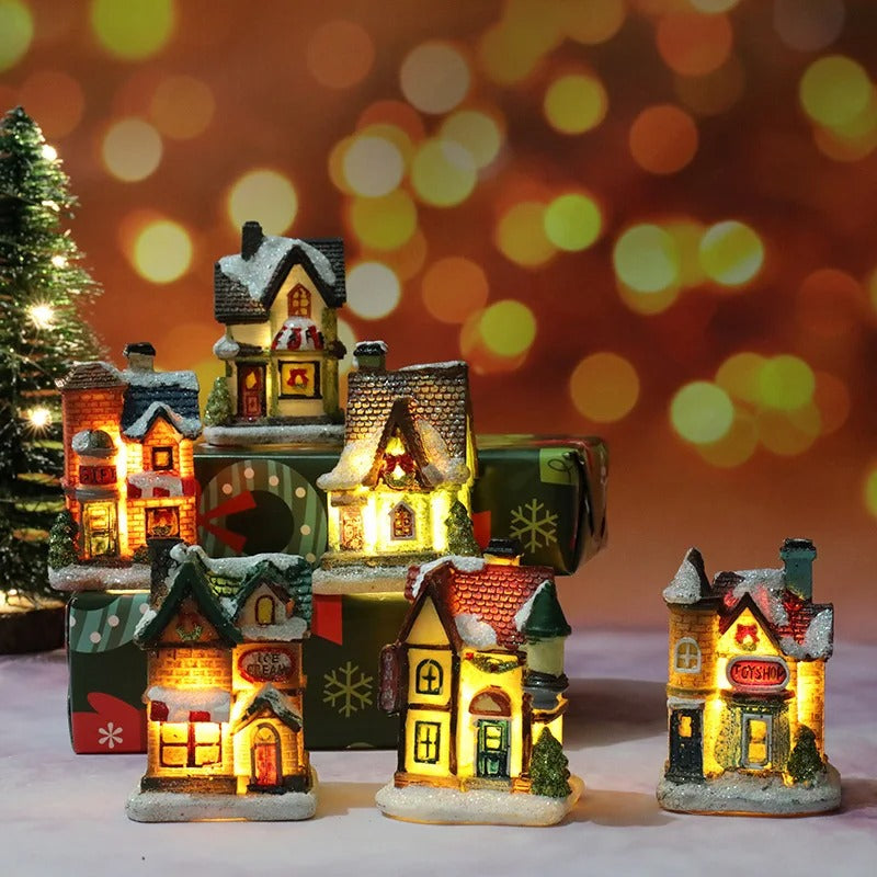 Ensemble de 6 maisons de village à LED pour scène de Noël