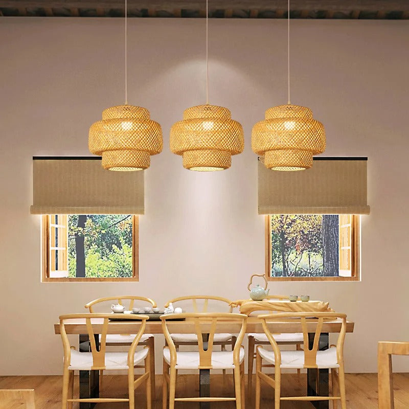 Lampe à suspension en bambou tricotée à la main