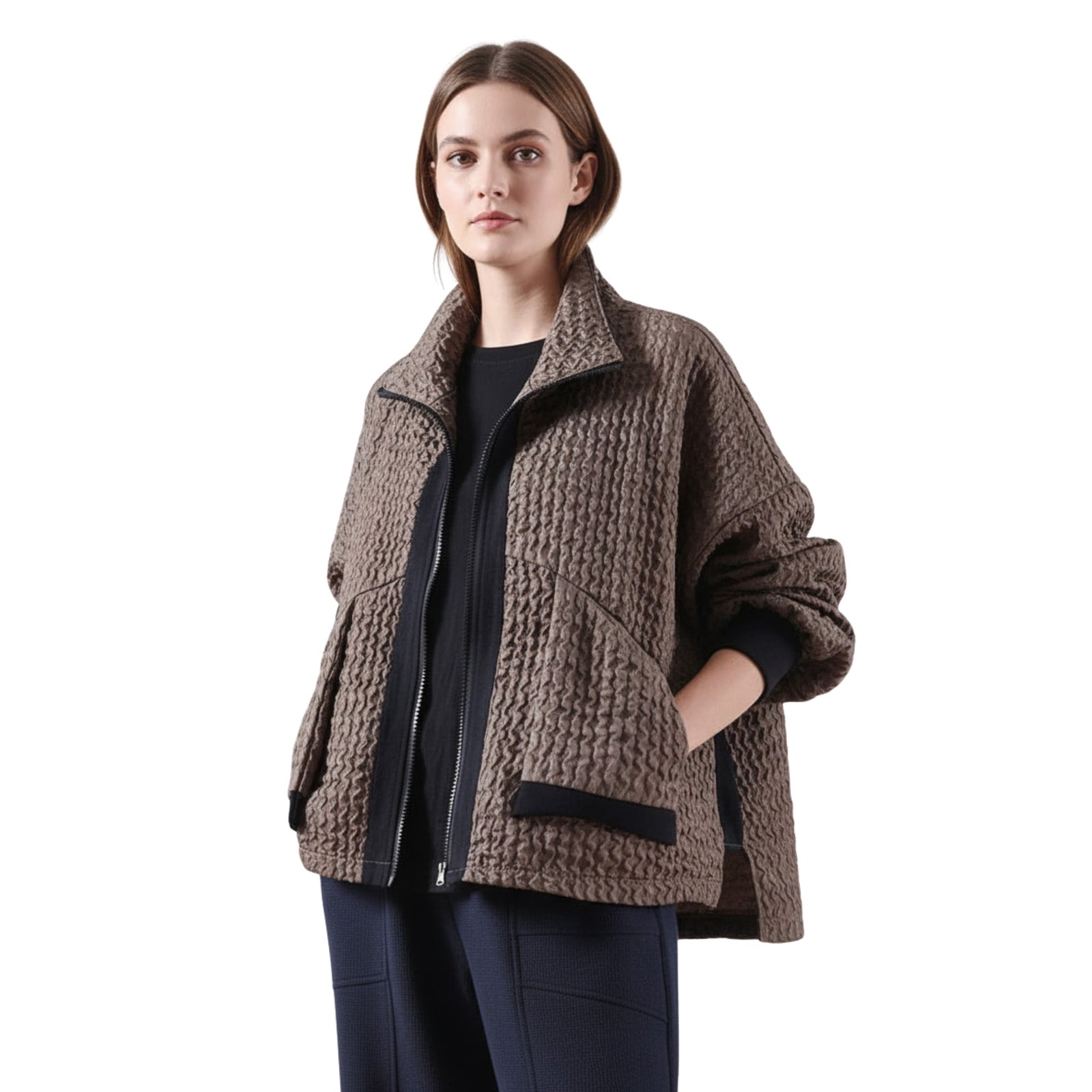Manteau en Velours Côtelé Caramel à Fermeture Éclair pour Femme