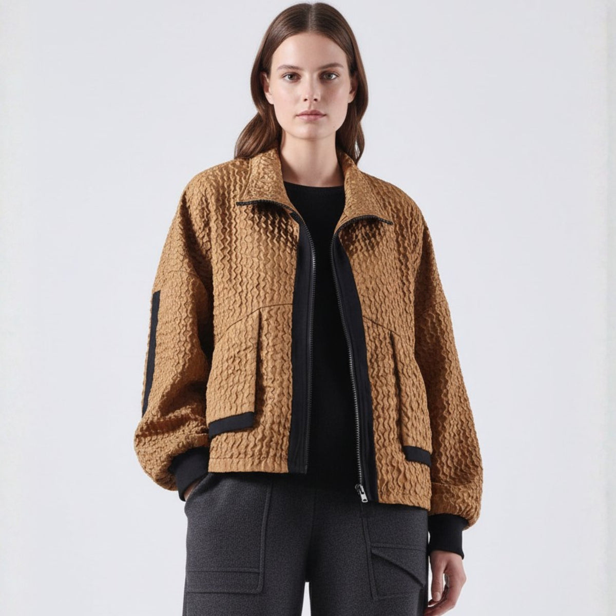 Manteau en Velours Côtelé Caramel à Fermeture Éclair pour Femme