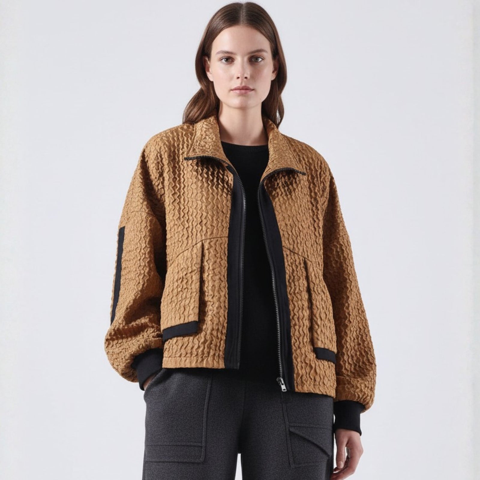 Manteau en Velours Côtelé Caramel à Fermeture Éclair pour Femme
