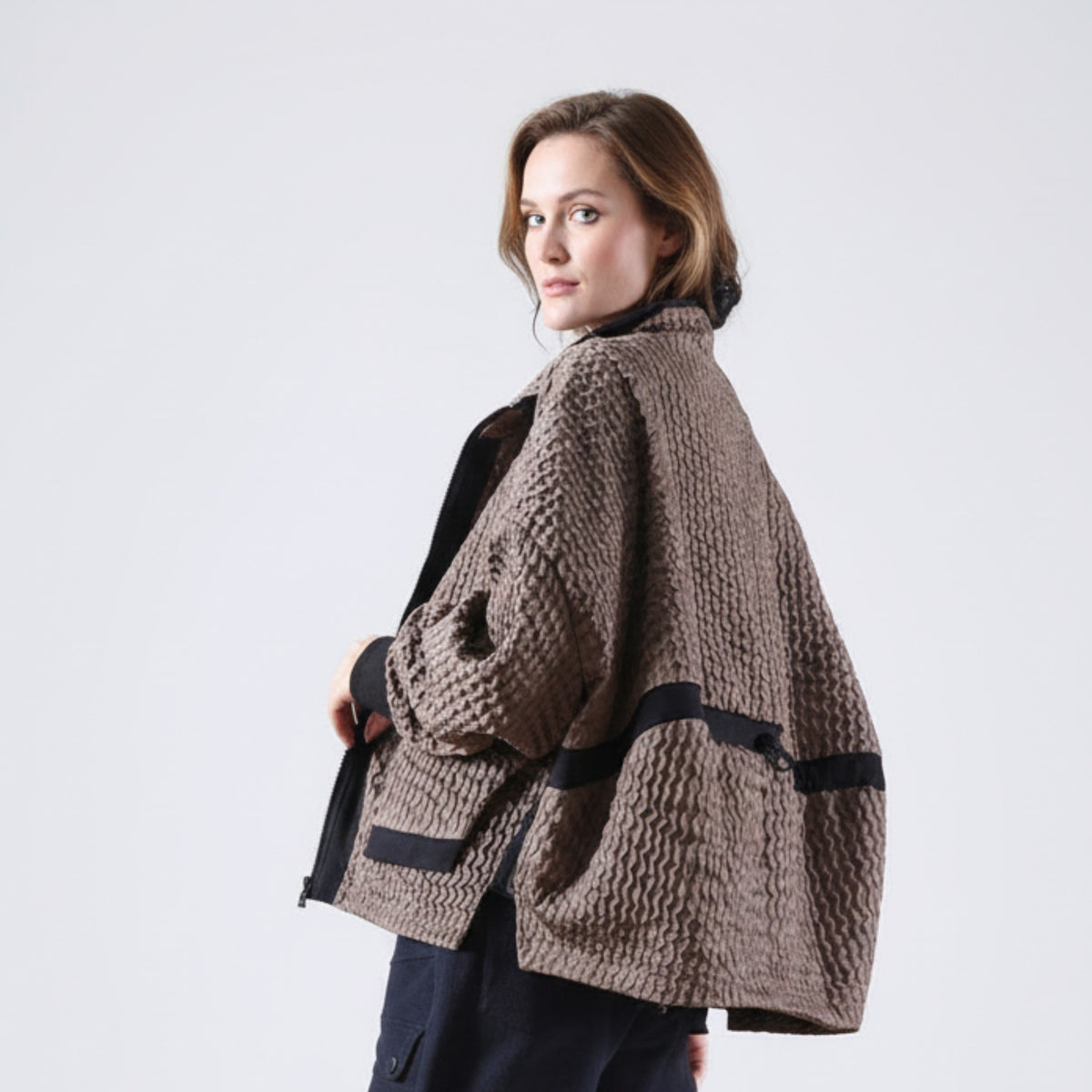 Manteau en Velours Côtelé Caramel à Fermeture Éclair pour Femme