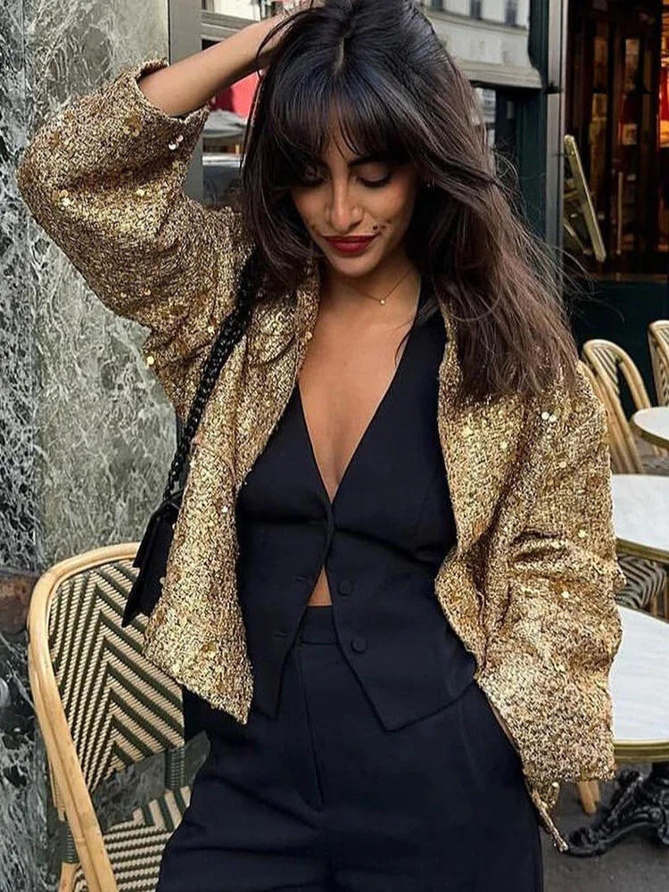 Veste à paillettes dorées pour femmes