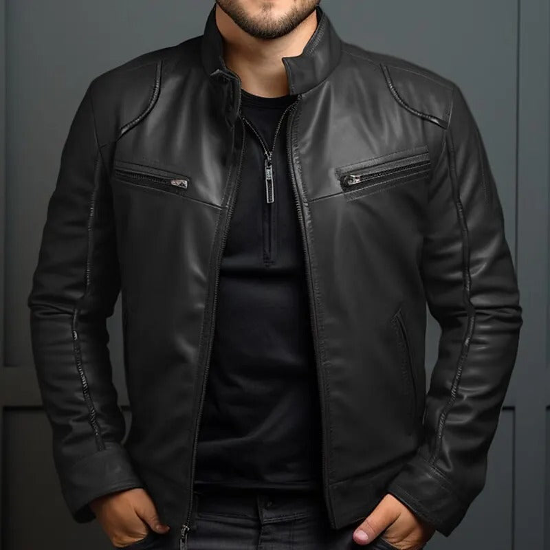 Veste en cuir à col montant pour hommes