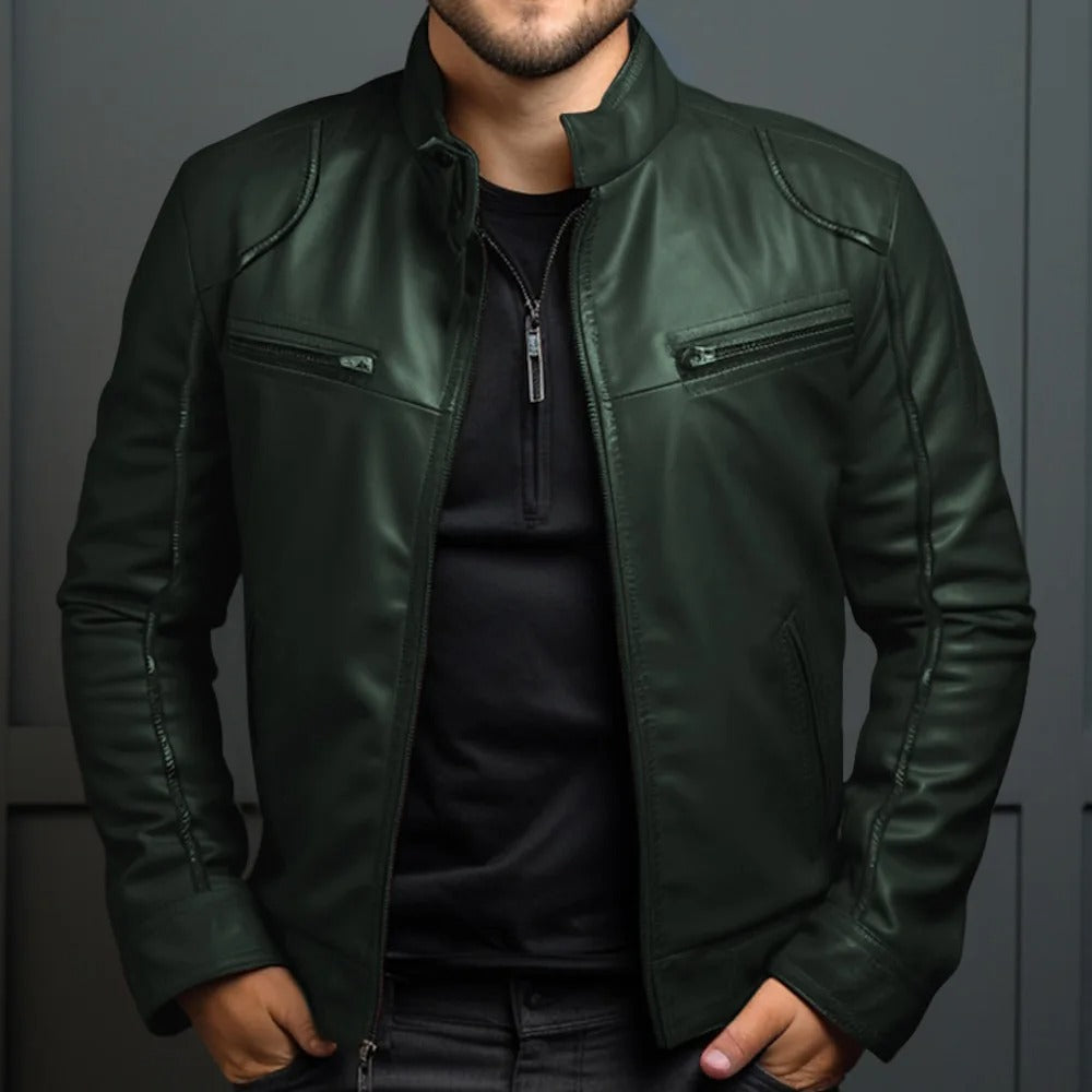 Veste en cuir à col montant pour hommes