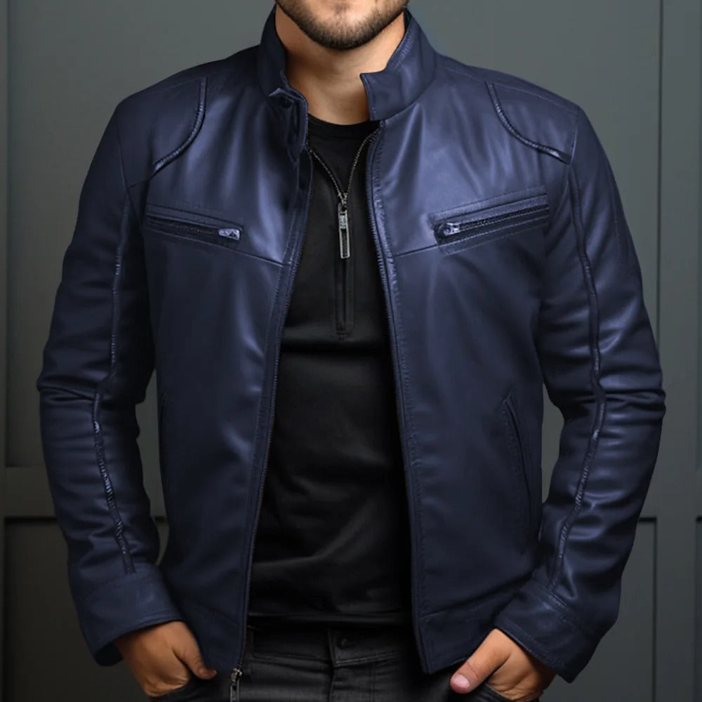 Veste en cuir à col montant pour hommes