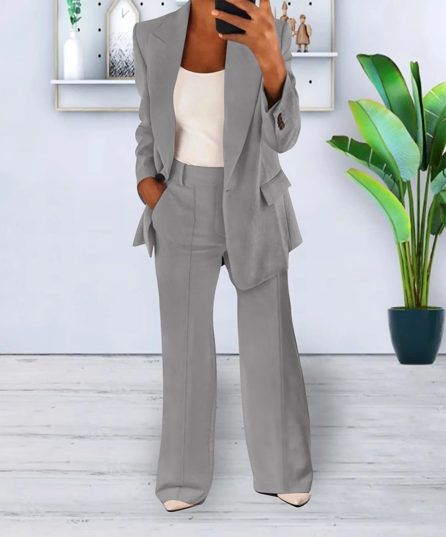 Variant image for Ensemble Femme Blazer et Pantalons Amples Noir Décontracté en Polyester-6