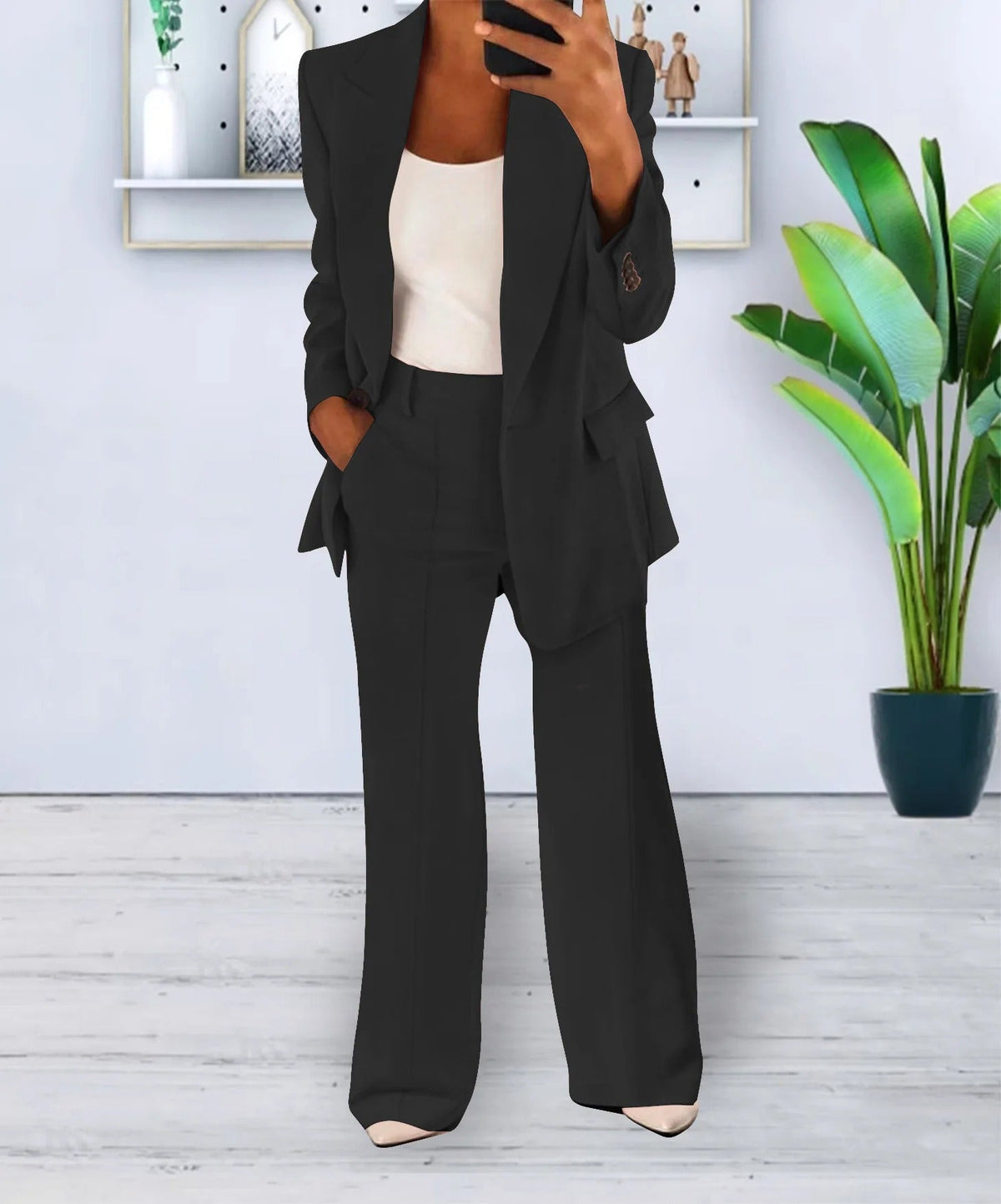 Ensemble Femme Blazer et Pantalons Amples Noir Décontracté en Polyester-4