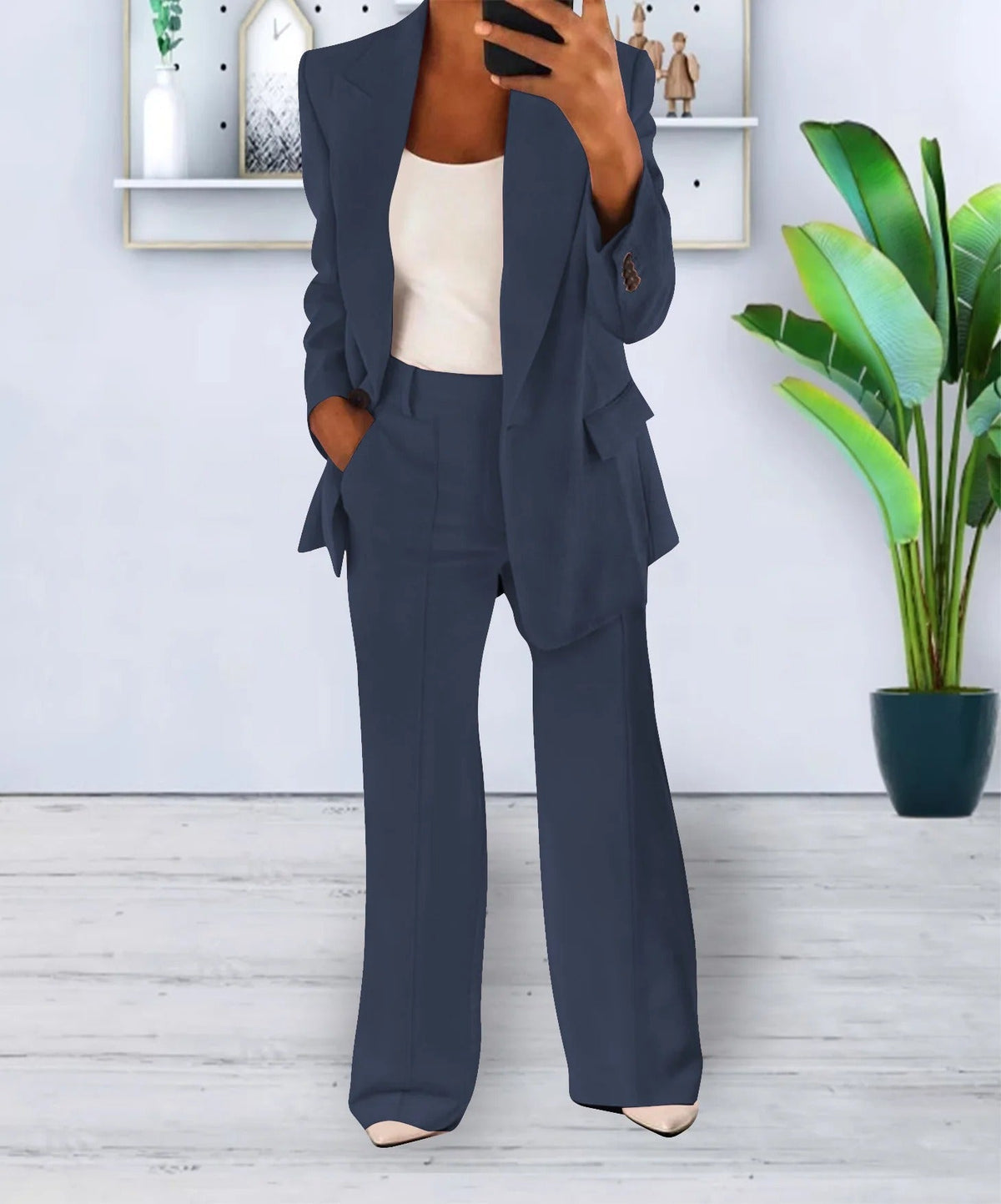 Ensemble Femme Blazer et Pantalons Amples Noir Décontracté en Polyester-2