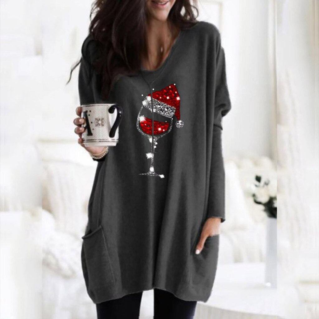 Wine &amp; Santa Hat Casual Pull Femme