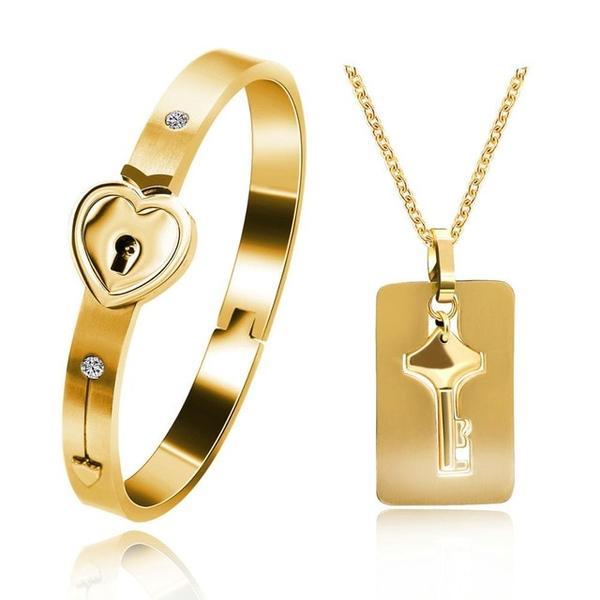 Ensemble :  bracelet + collier "VOUS ÊTES LA CLÉ DE MON CŒUR"